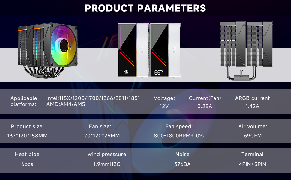 Koolance KF620 DGT ARGB CPU кулер для Intel/AMD, 265W TDP, 158mm, 2 x 120mm PWM вентилятори, чорний