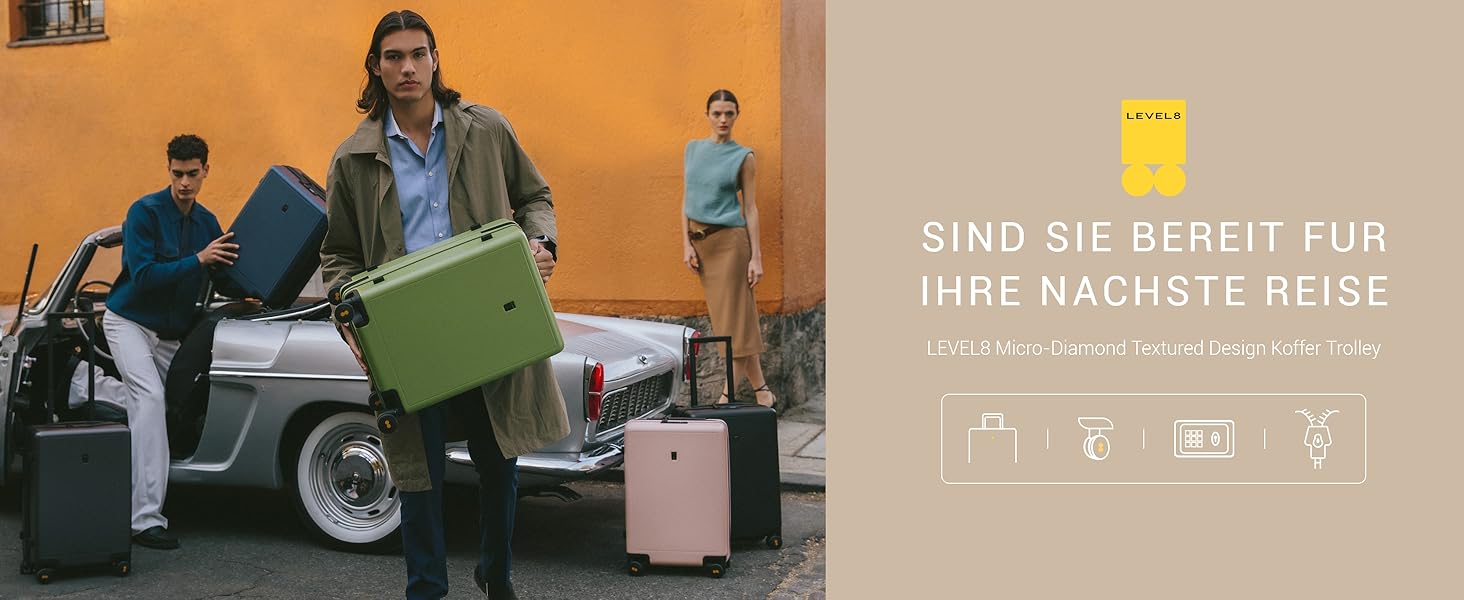 Чемодан-тележка LEVEL8, валіза на коліщатках, валіза з жорстким корпусом, 4 колеса, ручна валіза, TSA, 100% полікарбонат, мікро-діамантова текстура, великий (66см, 65л, чорний) A Schwarz M (66x44x26.5CM,65л)