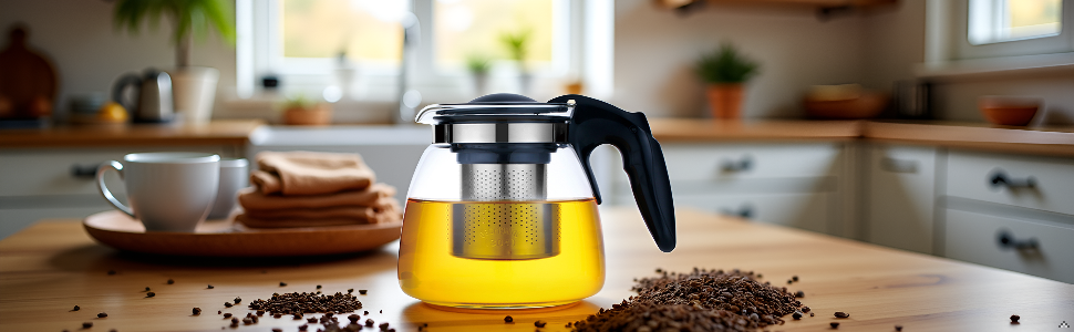 Чайник Lovegrace зі скла та нержавіючої сталі з ситом – стійкий до високих температур та придатний для миття в посудомийній машині, 900 мл