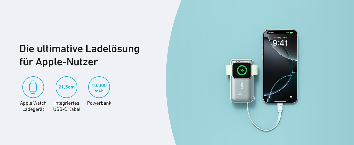 Повербанк Anker MagGo 10000mAh 35W з вбудованим USB-C кабелем для Apple Watch, iPhone 17/16/15, Samsung, iPad, AirPods (Зелений)