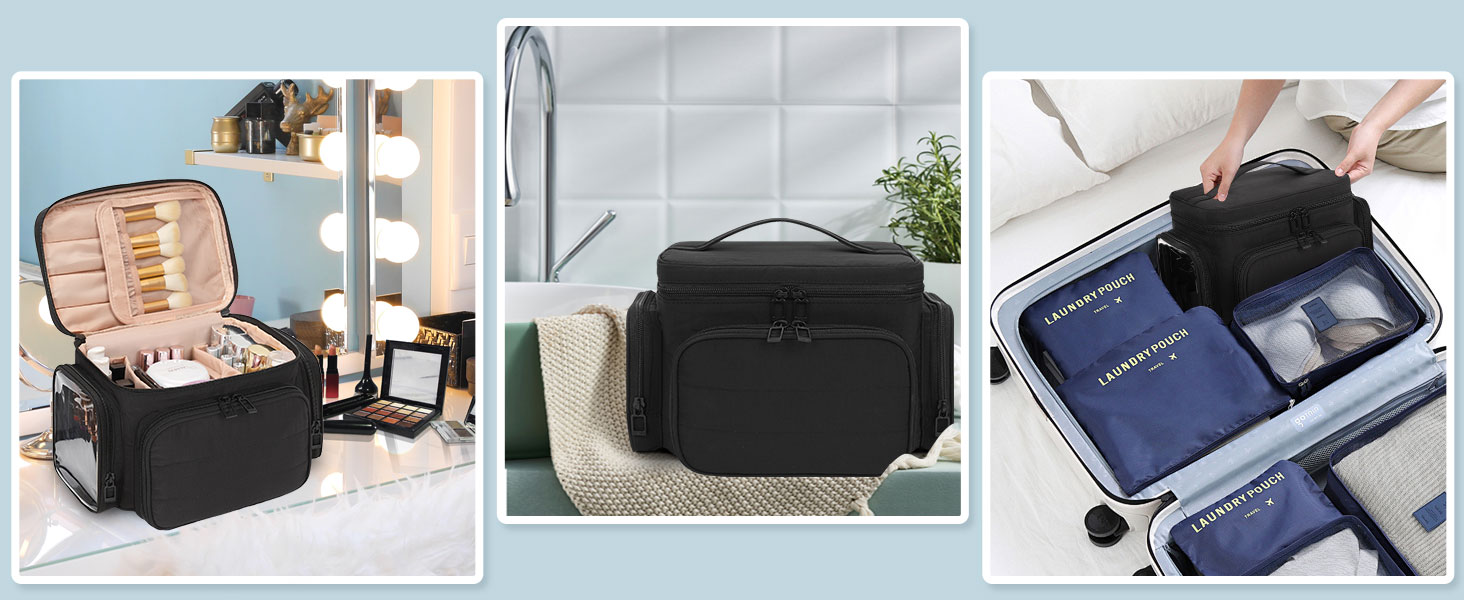 Косметичка для подорожей, велика, чорна: органайзер для макіяжу з відділенням для пензлів, дамська косметичка