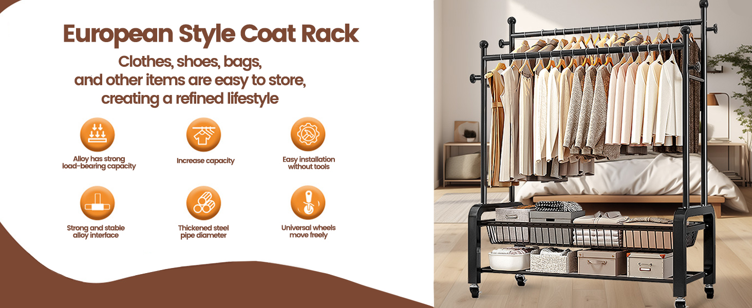 Стійка для одягу на колесах, чорна, з двома перекладинами, подвійне зберігання