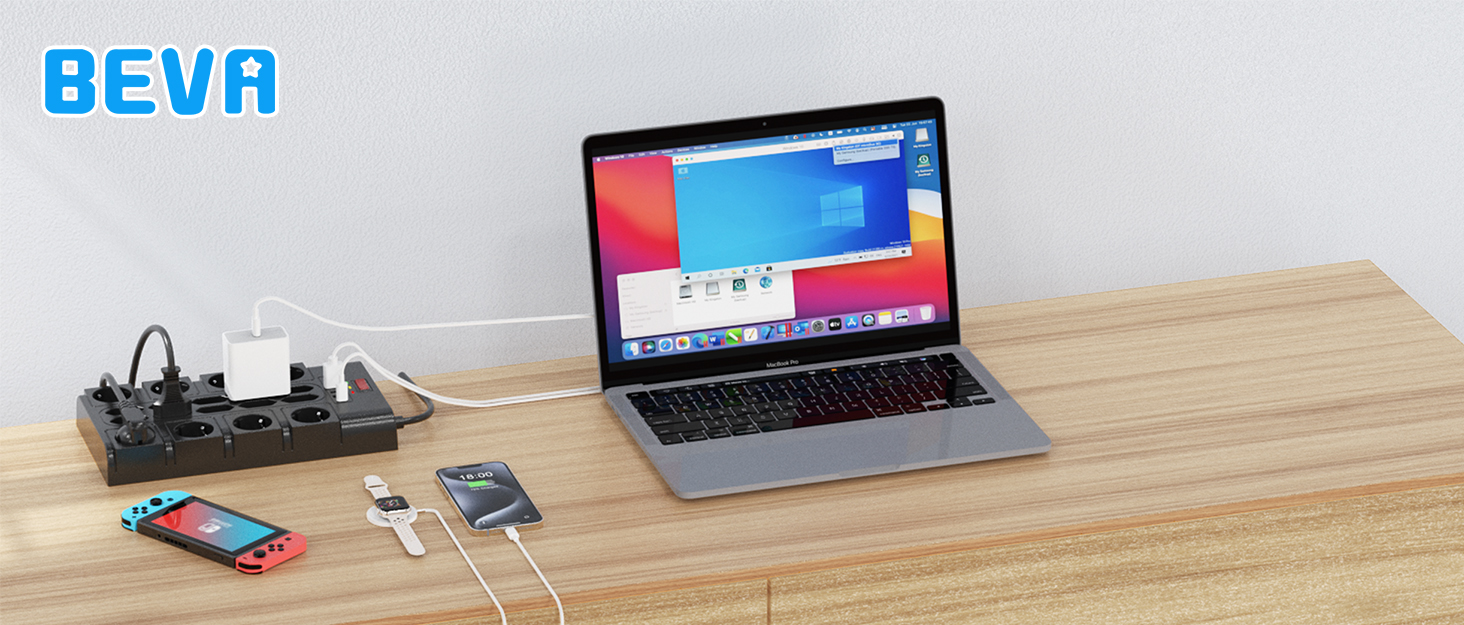 Мережевий фільтр BEVA з 18 розетками, 3680W/16A, захист від перенапруги 2100J, 2 USB-C (15W) + 4 USB-A, з вимикачем, для офісу та дому