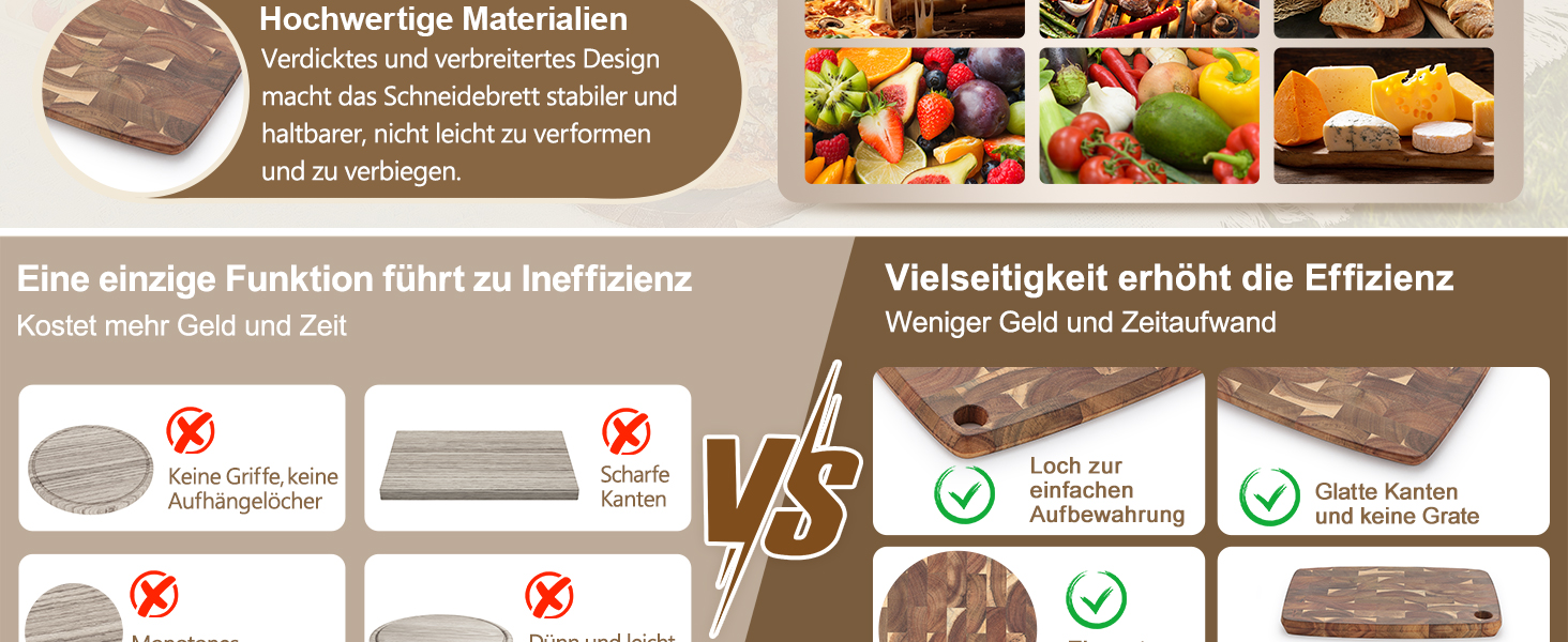 XINZUO 33 * 22 * 1.9cm Acacia Wood Brainwood Cutting Board, Double-Sided, Wooden Board Kitchen Chopping Boards, Serving Board, Bread & Snack Board, Breakfast Board for Bread, Cheese, Meat, Vegetables
