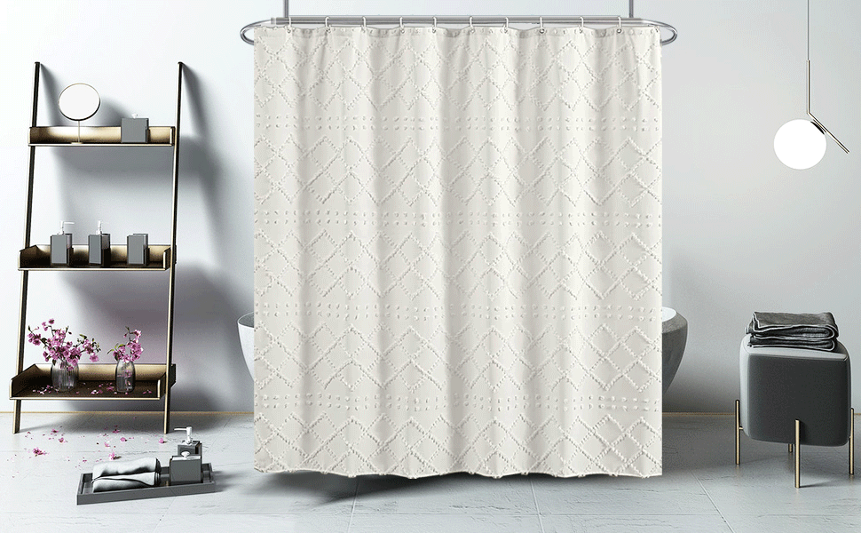 Штора для душу Boho-стиль, біла, 183x183 см, з 12 гачками, геометричний дизайн, для ванної кімнати