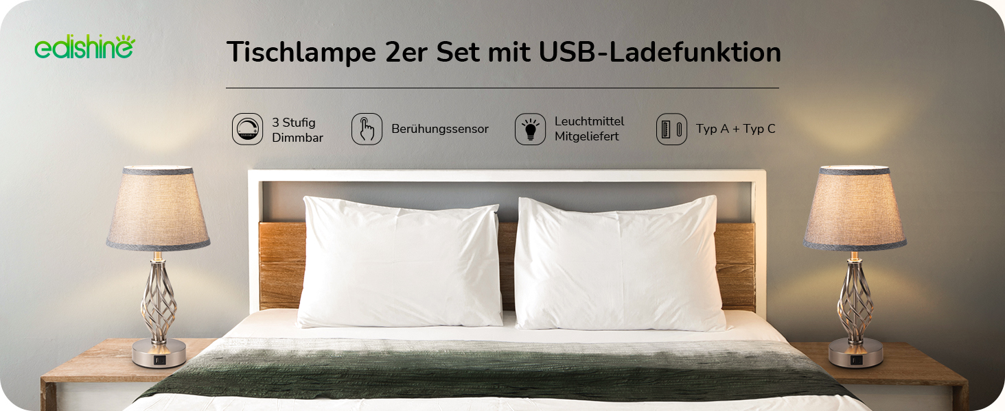LED-лампа на тумбочку EDISHINE, 2 шт. в наборі, торшери з USB, диммування, сірий абажур, для спальні, вітальні, подарунок