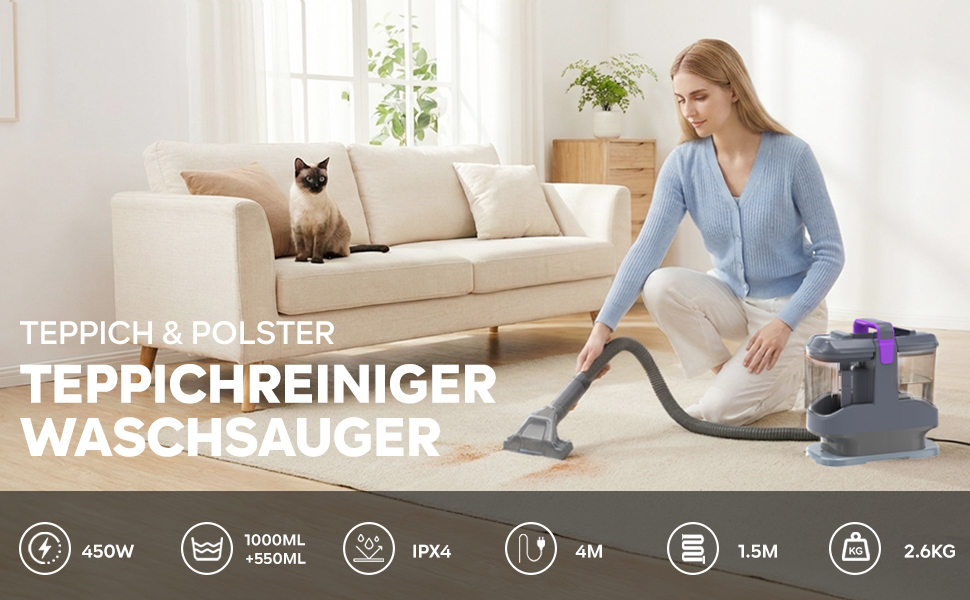 Пилосос для чищення м'яких меблів Polsterreiniger 450W, 13kPa, для дивана та авто, з 3 щітками, портативний, фіолетовий
