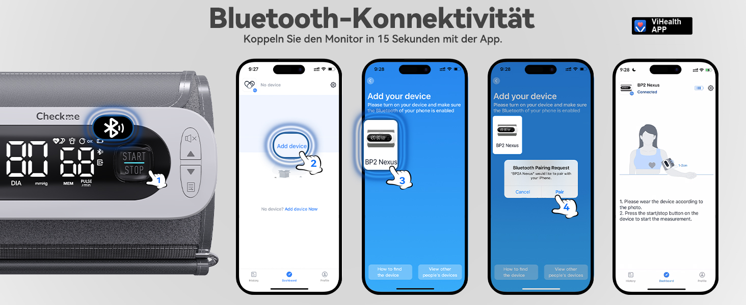 Тонометр на плечі CheckMe BP2A Nexus з великим дисплеєм, середнє значення за 3 вимірювання, бездротова манжета (22-42 см), додаток для iOS/Android, легке читання та професійна точність