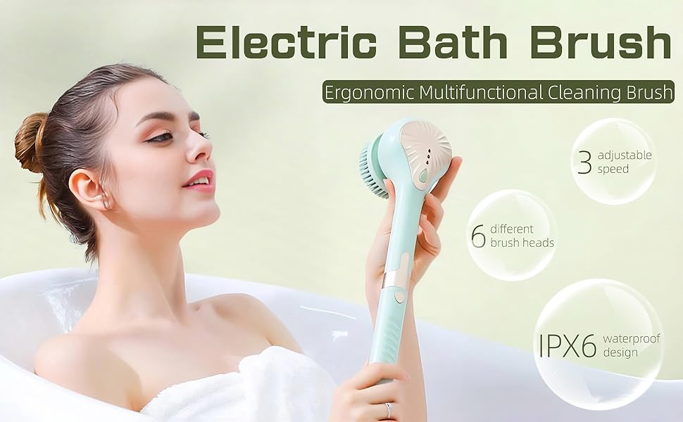 Електрична дюшева щітка для спини Eincremehilfe 6 в 1 з USB-зарядкою та 6 насадками для глибокого очищення та пілінгу