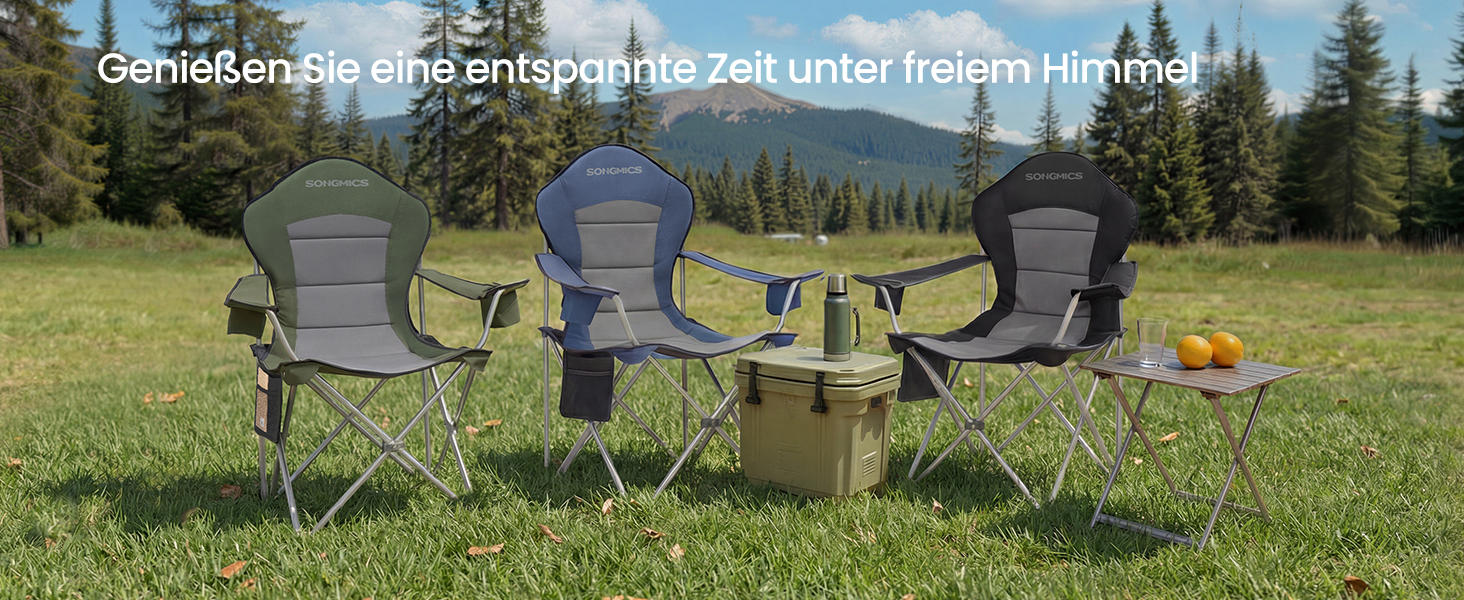 Кемпінговий стілець SONGMICS складаний, широкий, з високою спинкою, чорно-сірий GCB005BH01 - для пікніка, відпочинку на природі, з підсклянником та органайзером
