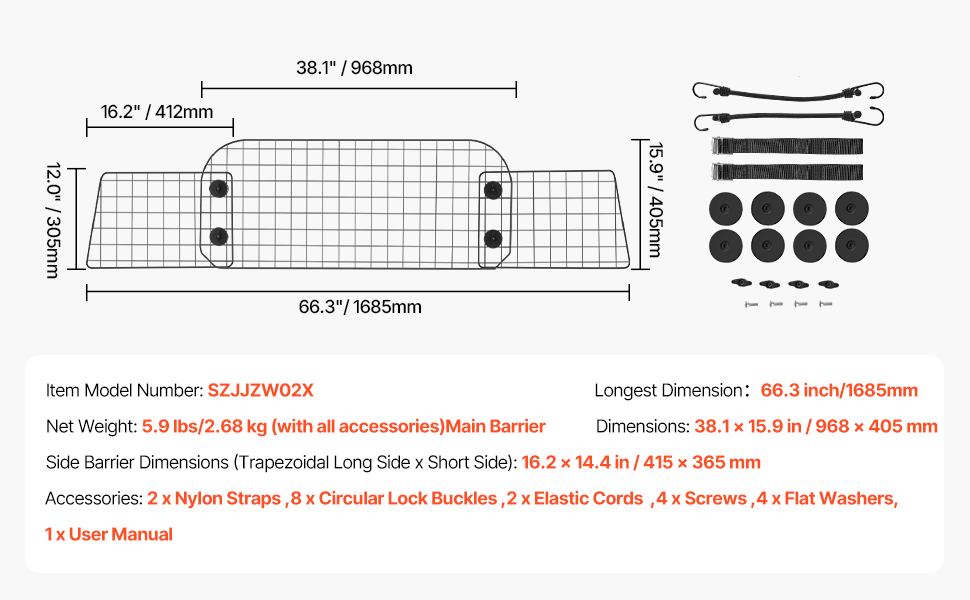 Автобар'єр для собак VEVOR, регульована перегородка, сітка (968x405 мм), захист для заднього сидіння, універсальна бар'єр для SUV, позашляховиків, вантажівок, не складається, 96.5-162 см * 41 см