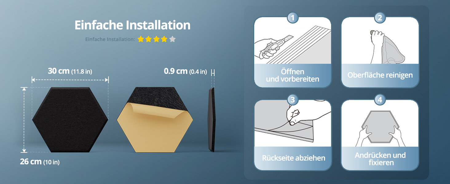 Акустичні гексагональні панелі самоклеючі, 12 шт. Поглинач звуку для студії, вітальні, геймерської зони та офісу, чорні, 30 x 26 x 0,9 см