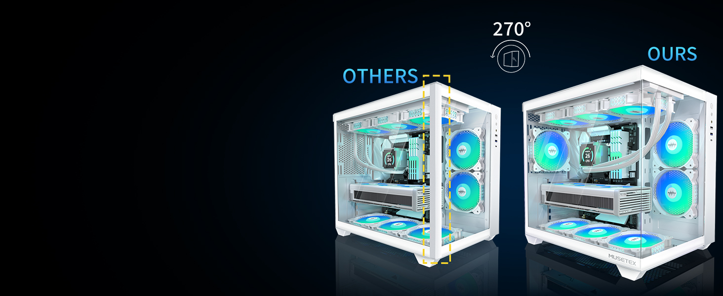 Корпус ПК ATX MUSETEX Y6 з 6 PWM ARGB вентиляторами, підтримка 360мм радіатора, Type-C, скляна панель 270°, білий