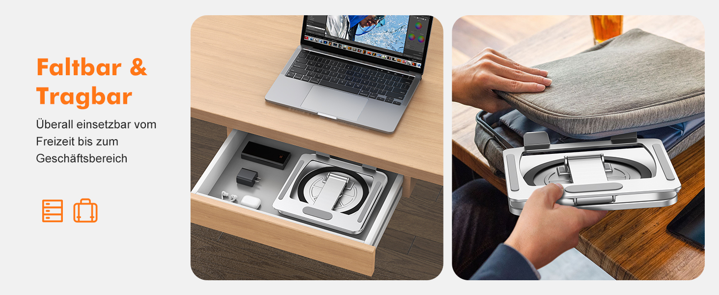 Підставка для ноутбука з поворотним столом 360°, регульована, алюміній, ергономічна, з вентилятором, складна, для MacBook Air/Pro (10-16')