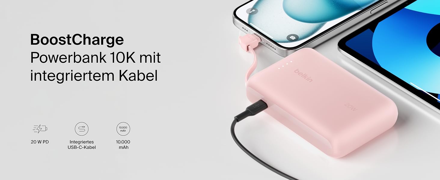 Повербанк Belkin BoostCharge 10000mAh з вбудованим кабелем USB-C, 20W, LED-індикатором, рожевий