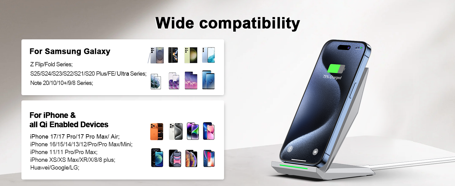 Бездротовий зарядний пристрій NANAMI для iPhone 17/16/15/14/13/12/11 Pro Max/XS/XR/X/8+, Samsung Galaxy S26/S25/S24/S23 - Швидка індуктивна зарядка, сріблястий колір