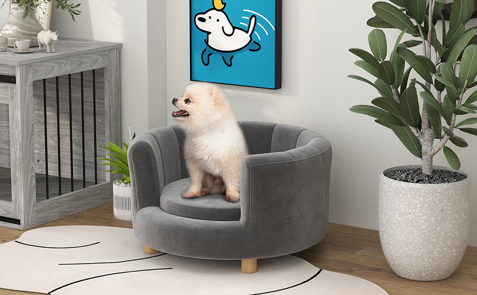 Диван для собак PawHut, сірий, знімний чохол, для маленьких собак до 4,5 кг, з підлокітниками та дерев'яними ніжками