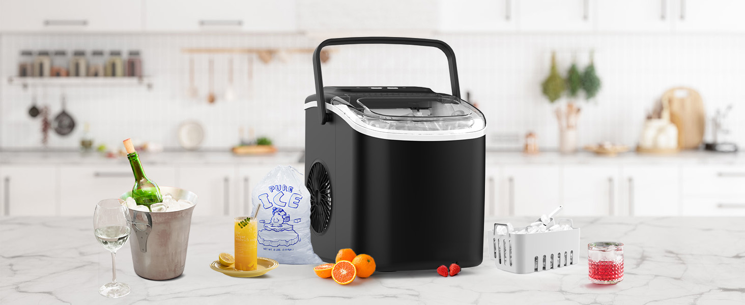 Countertop Ice Maker - 2L Capacity, 27lbs/Cycle, Fast Ice Production (6 Minutes), LED Display, Includes Scoop & Basket, Perfect for Home Bar - Black Spherical Ice