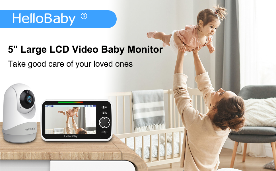 Відеоняня HelloBaby з камерою та аудіо, 5-дюймовий екран, акумулятор 3500 mAh, дистанційне керування, двосторонній зв'язок, ECO-режим, авто-нічне бачення, радіус дії до 292 м, HB6250