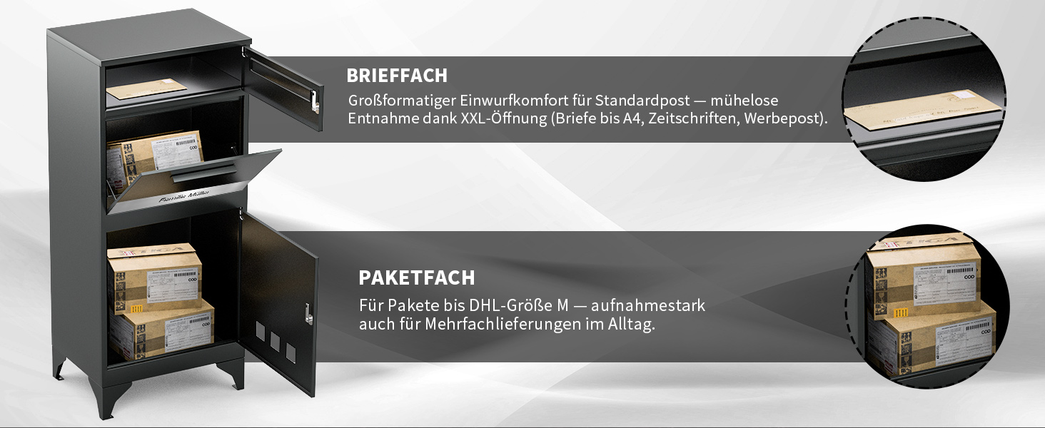 Поштовий ящик антрацит з гравіюванням, персоналізований, 2-в-1, нержавіюча сталь, з відділенням для газет та посилок (XXL)