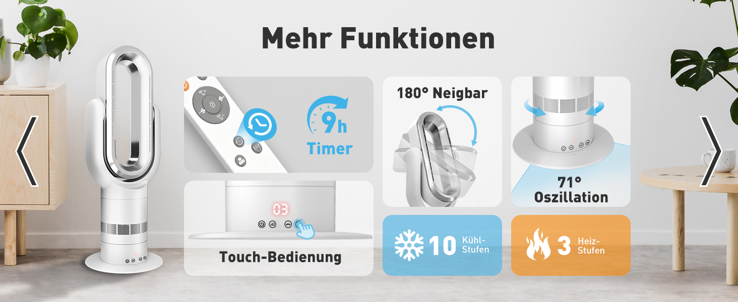 Безлопатевий вентилятор-нагрівач 2-в-1 TP18Pro: 10 режимів охолодження, 3 - обігріву, дистанційне та сенсорне керування, тихий DC-двигун