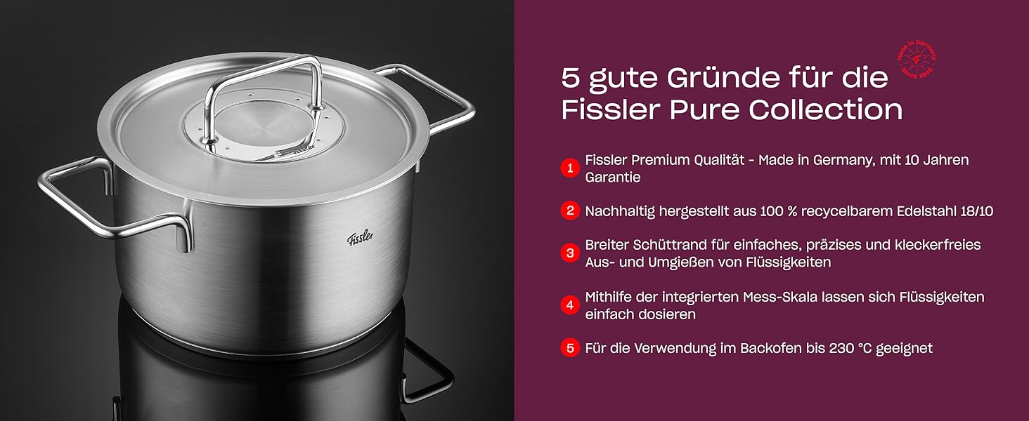 Каструля Fissler Pure Collection з нержавіючої сталі (Ø 16 см, 1,4 л) з кришкою, внутрішньою шкалою, для індукційних плит