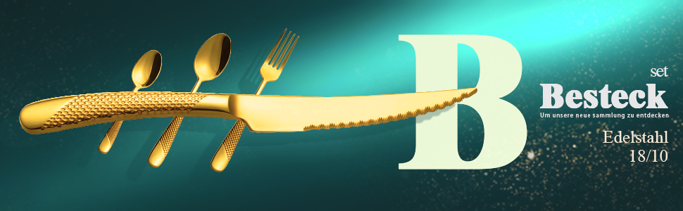 Набір столових приборів 24 предмети з нержавіючої сталі 18/10, золотий колір, на 6 осіб: ніж, виделка, ложка, з двостороннім зазубреним лезом, для посудомийної машини