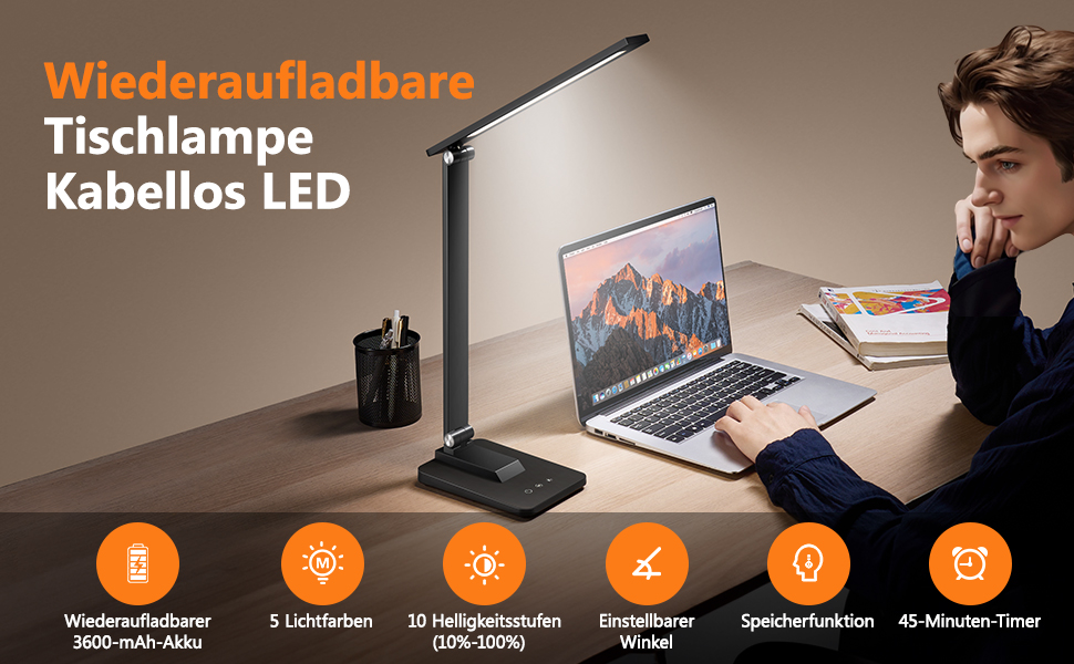 LED лампа настільна для дому та офісу, 15 режимів, денне світло, 1000LM, регулювання яскравості, 3600mAh, чорний колір