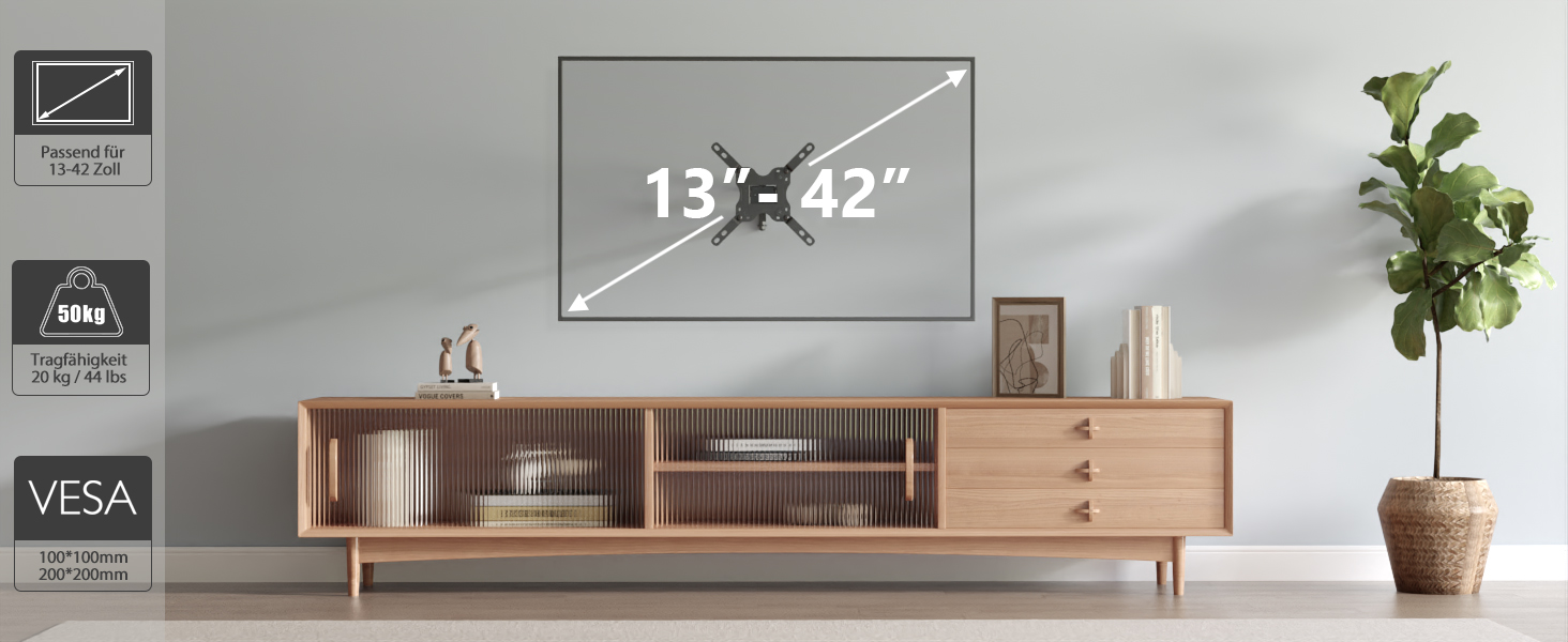 Кріплення для телевізора BONTEC: настінний тримач для LED, LCD, OLED телевізорів 13-42 дюймів, регульований, поворотний на 360°, до 20 кг, VESA 200x200 мм