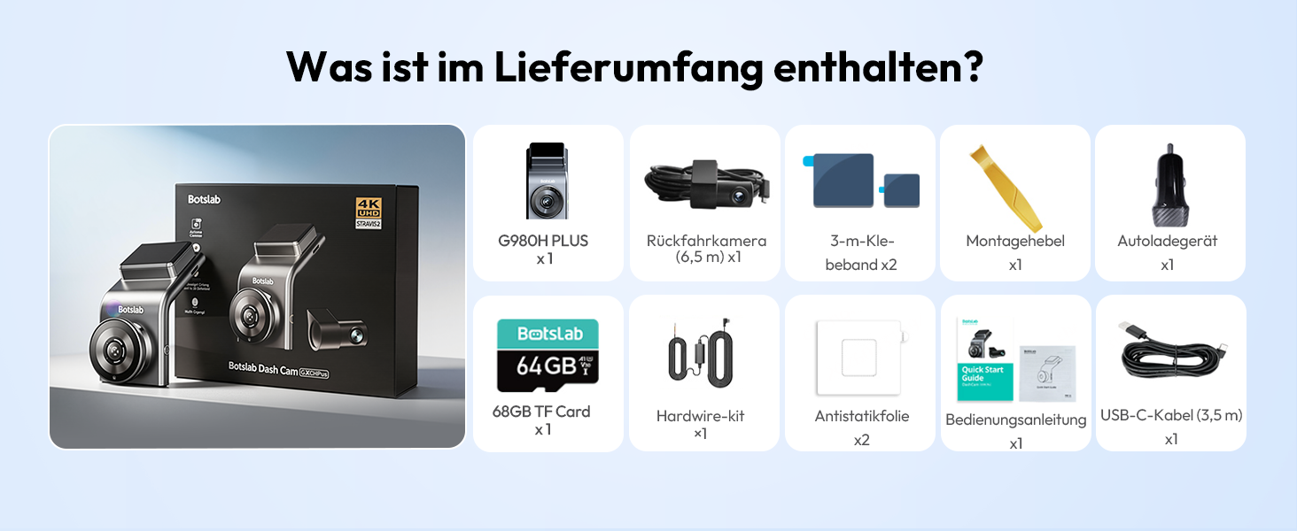 Автомобільний відеореєстратор BOTSLAB G300H Plus Kit 4K, передня та задня камери, сенсор STARVIS 2, з Hardwire-Kit та карткою пам'яті 64GB