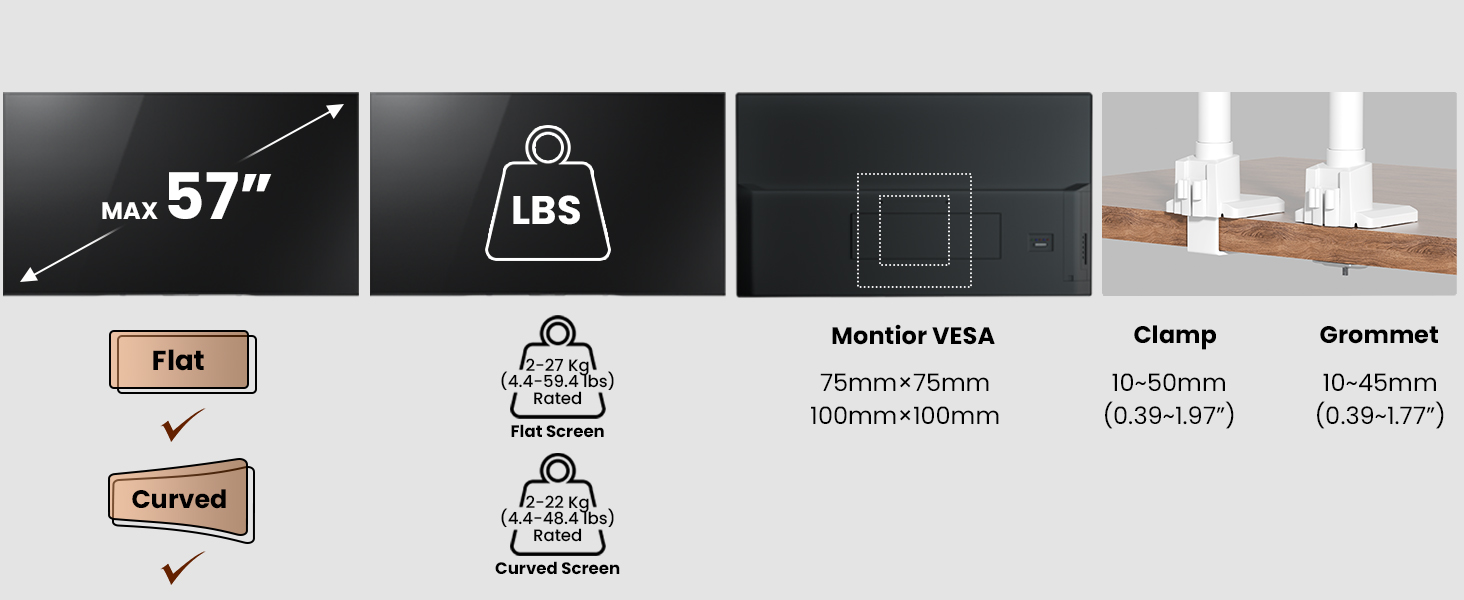 Кріплення для моніторів Halterung - 2 шт. один над одним, для моніторів 24-57 дюймів (плоских та вигнутих), вантажопідйомність 2-27 кг на кріплення, регулювання висоти, 2 варіанти монтажу/VESA 75/100 мм (білий)