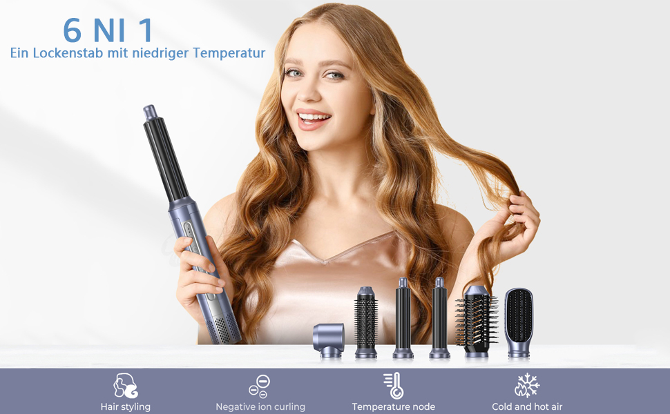 Набір для укладки волосся 6 в 1: фен-щітка, плойка, негайні іони, 110000 обертів, керування температурою, сріблястий