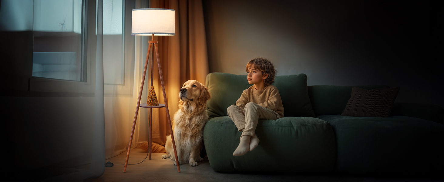 Стельова лампа з полицею, пульт дистанційного керування, 3 колірні температури, тринога, для вітальні, спальні, офісу (горіх), бежевий абажур