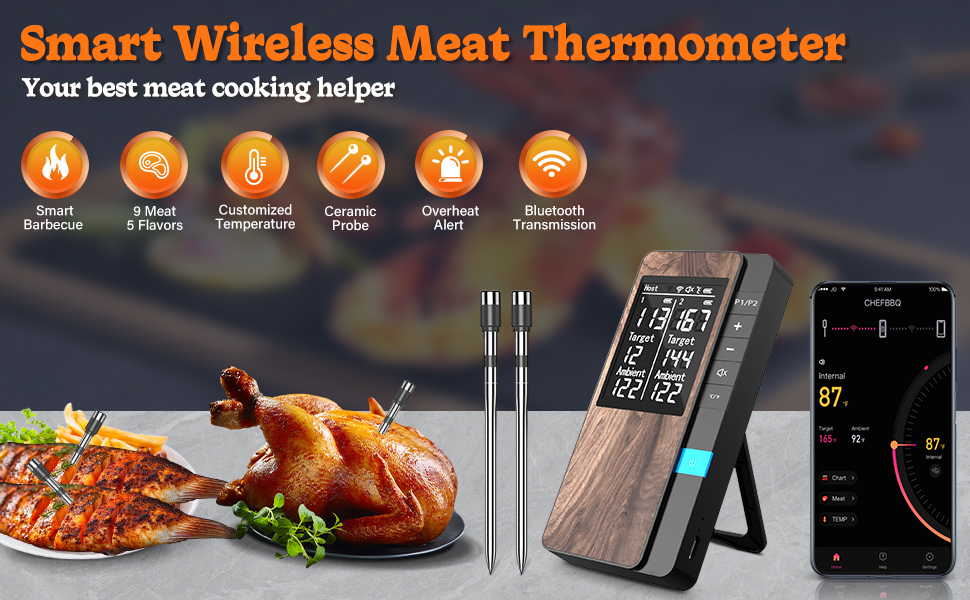 Бездротовий термометр для м'яса та гриля з Bluetooth та двома зондами, IP67, для приготування на грилі, в духовці, для копчення