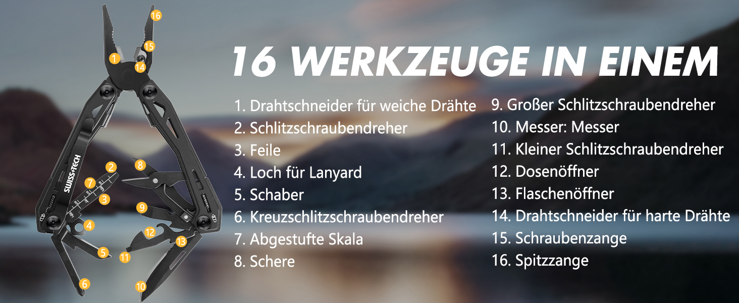 Мультитул Swiss+Tech 16 в 1 з нержавіючої сталі, мультифункціональний інструмент з ножем, відкривачкою та кліпсою для ременя, для кемпінгу та ремонту, з чохлом, чорний