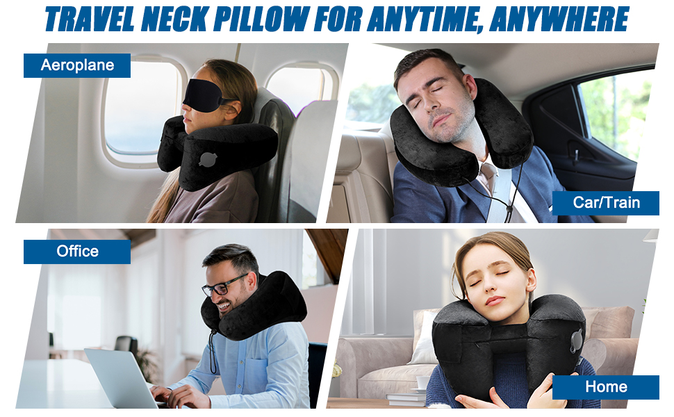 Подушка для шиї в літак, авто: надувна з капюшоном, для дорослих, Travel Pillow, чорна