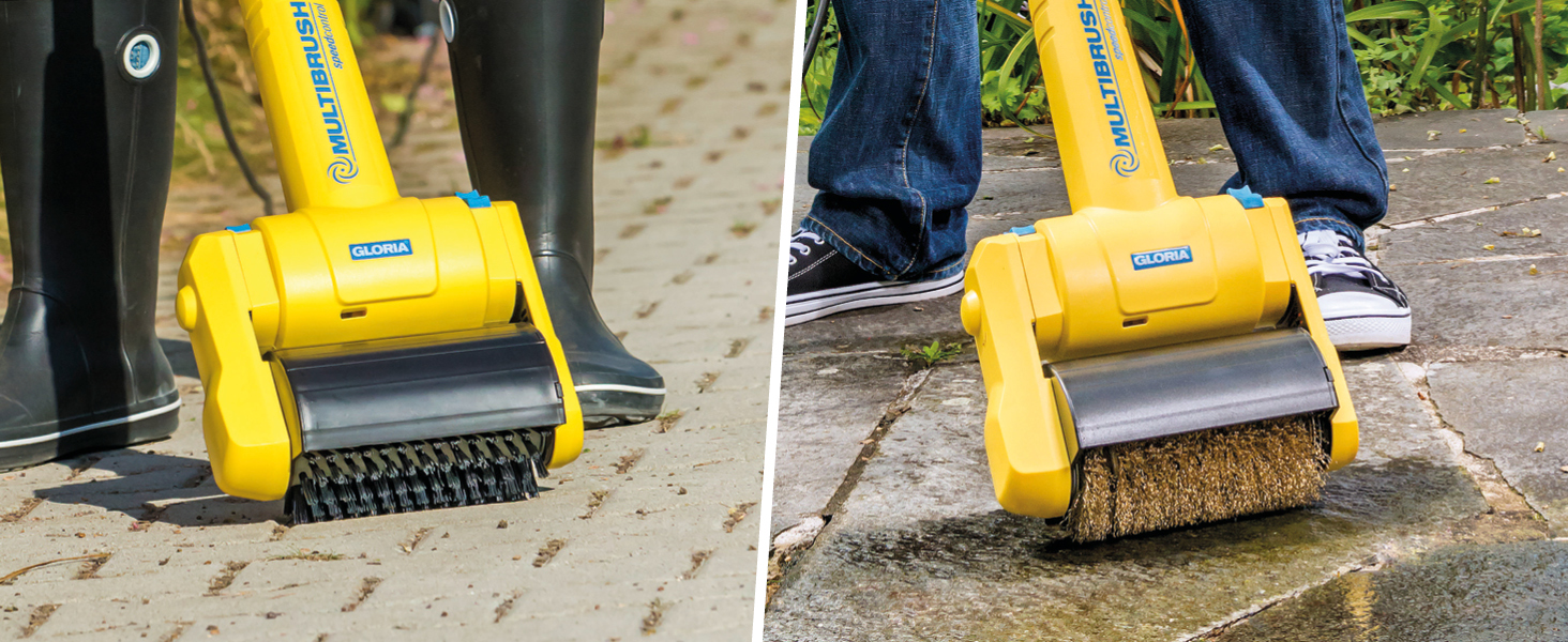 Електрощітка Gloria MultiBrush Speedcontrol — багатофункціональний інструмент для видалення бур'янів, очищення каменю, дерева, швів, підрізки країв газону, аерації та вертикутування, комплект з 2 насадками