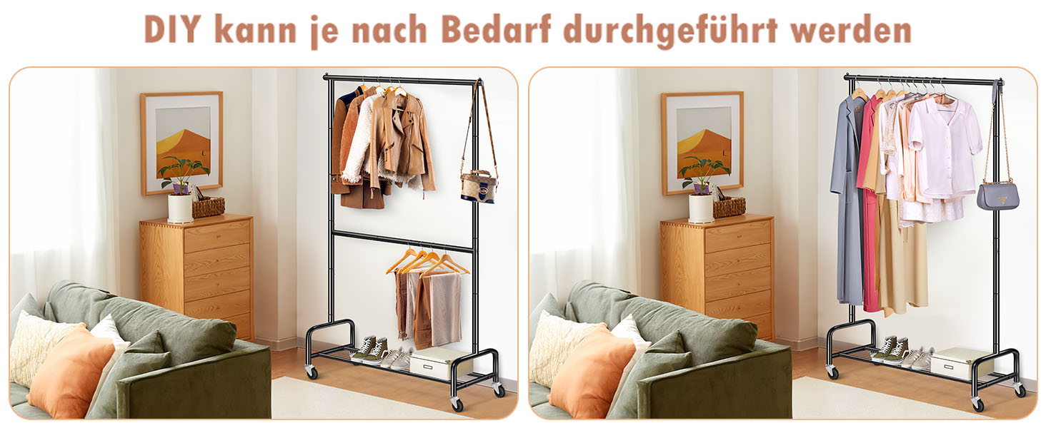 Міссло важкий одяговий вішак на колесах з подвійною перекладиною, металевий, мобільний, для зберігання одягу, чорний, регульований