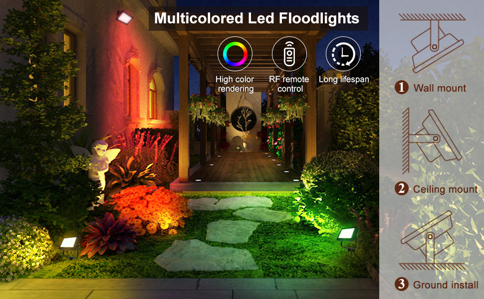 MEIKEE 60W RGB Floodlight with Remote Control, 30 Modes, 10 Colors, Timer, RGB Floodlight, IP66 Waterproof, 6 Brightness Levels, Spotlight, Colorful, Christmas, Halloween, Party, LED Floodlight, Decorative, 2 Pieces (1pc)