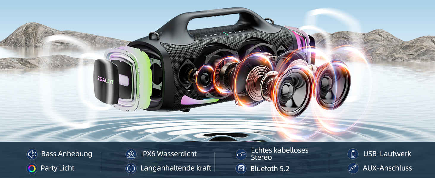 ZEALOT Bluetooth колонка 100W, XBass, Bluetooth 5.2, USB-C, 24000mAh, IPX6 водонепроникна, для кемпінгу, пляжу, басейну, саду - Чорна