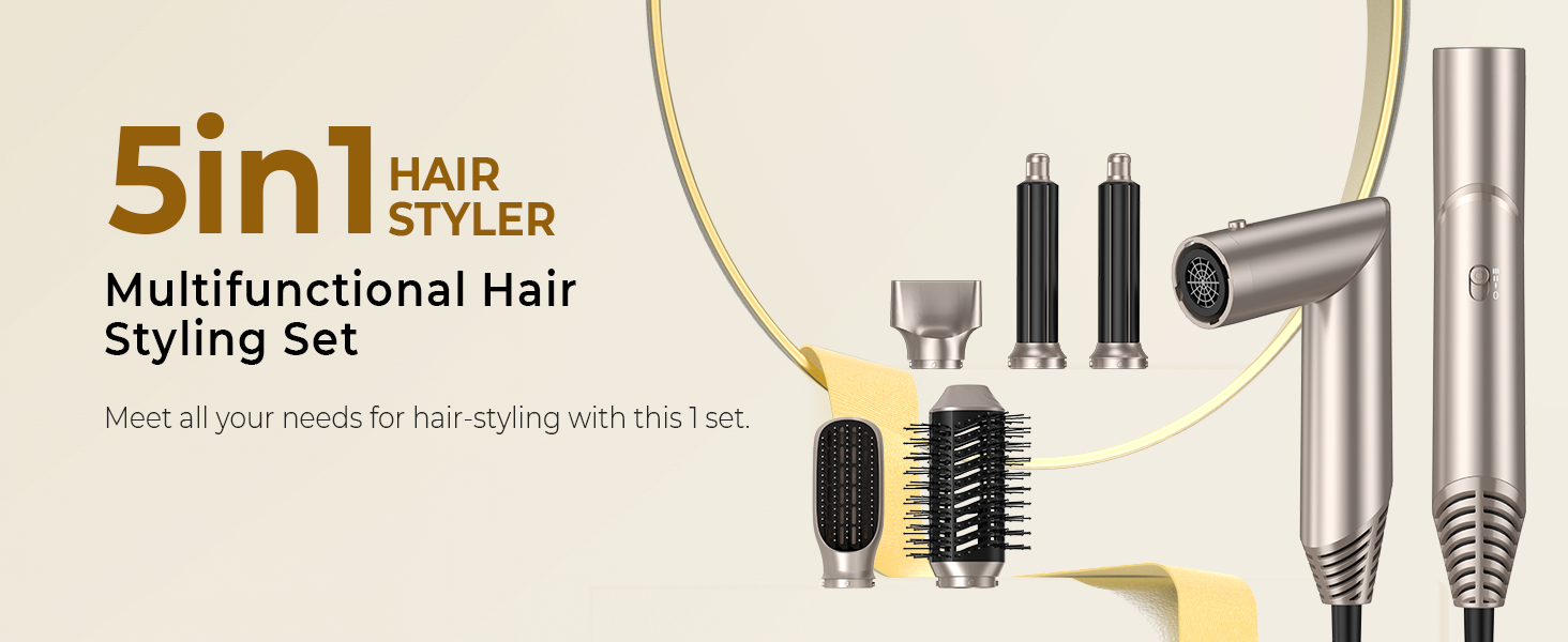 Стайлер для волосся 5 в 1, Набір для укладки волосся, Золотий: Фен, Іонний, Локони, Випрямлення, Об'єм