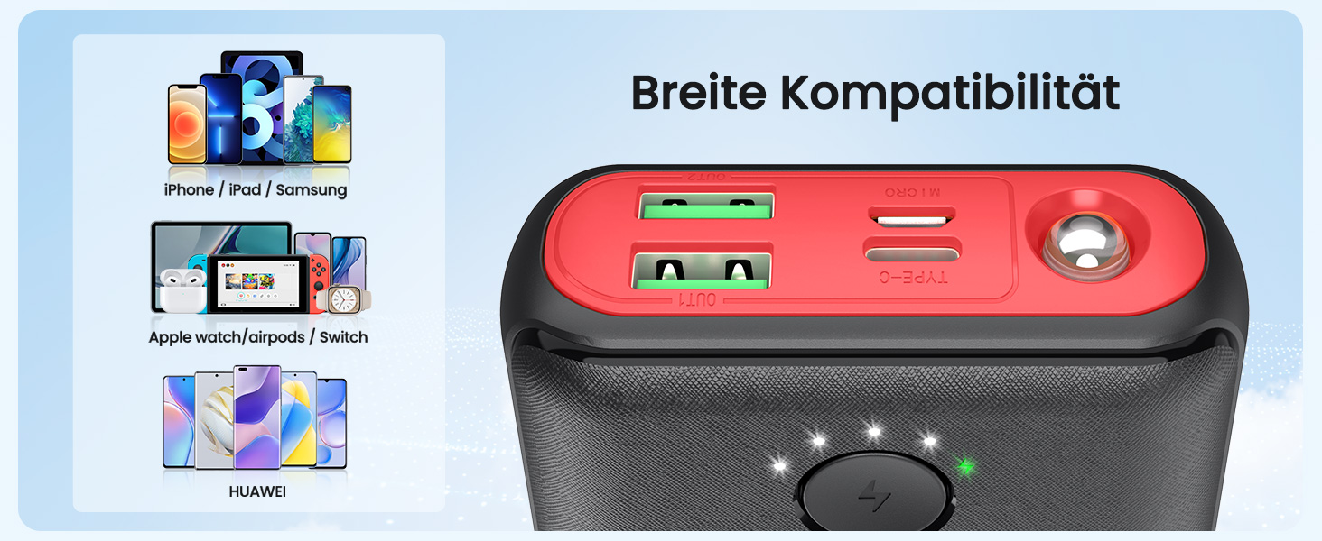 Power Bank JIGA 27000mAh з PD 22,5W та USB-C, з ліхтариком, чорно-червоний, сумісний з iPhone, Samsung, Huawei, iPad