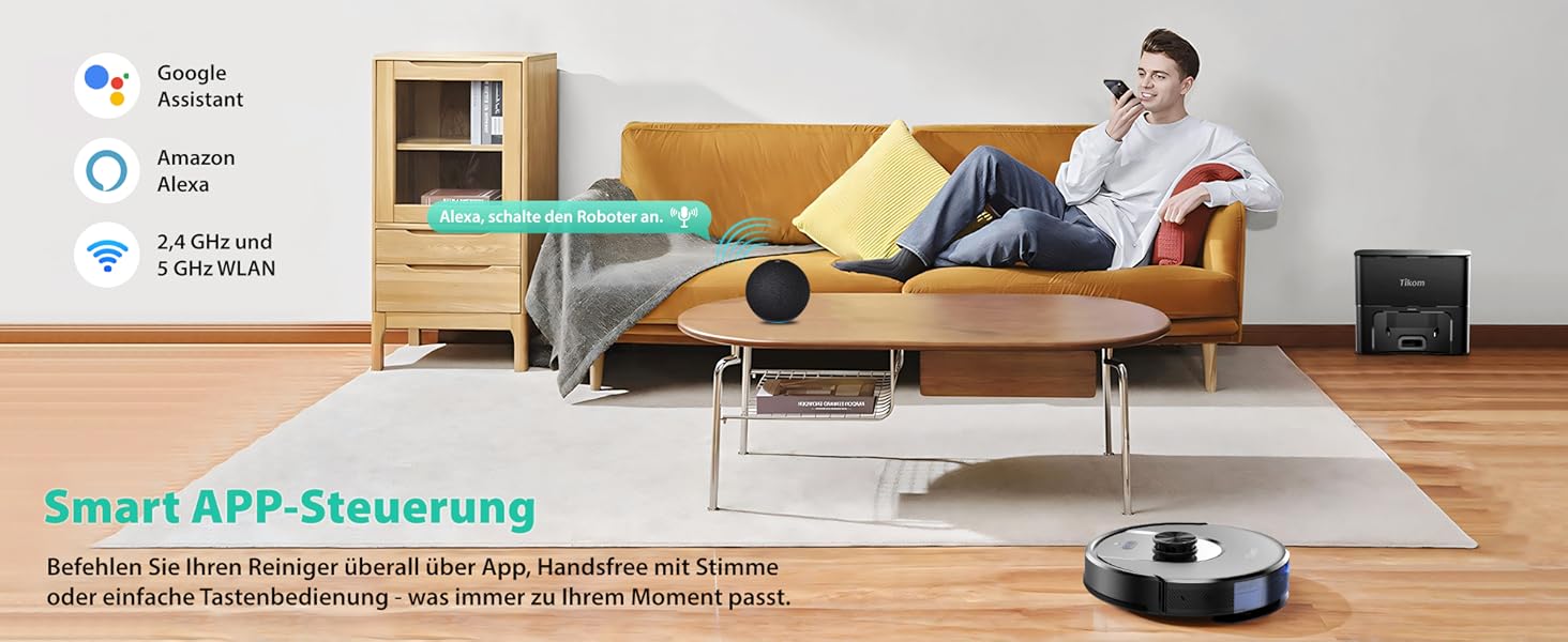 Робот-пилосос Tikom L8000 Plus з потужністю 6000Pa, станція самоочищення, LiDAR-навігація, Wi-Fi, мапінг, для шерсті тварин, килима та твердих підлог