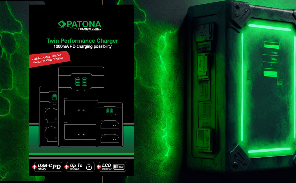 Зарядний пристрій PATONA NP-W126s/NP-W126 з дисплеєм LCD, USB-C, PD/QC, 1000mA - сумісний з X-M5, X100VI, X-S10, X-T20, X-T30 II, X-T5, X-T50 та ін.