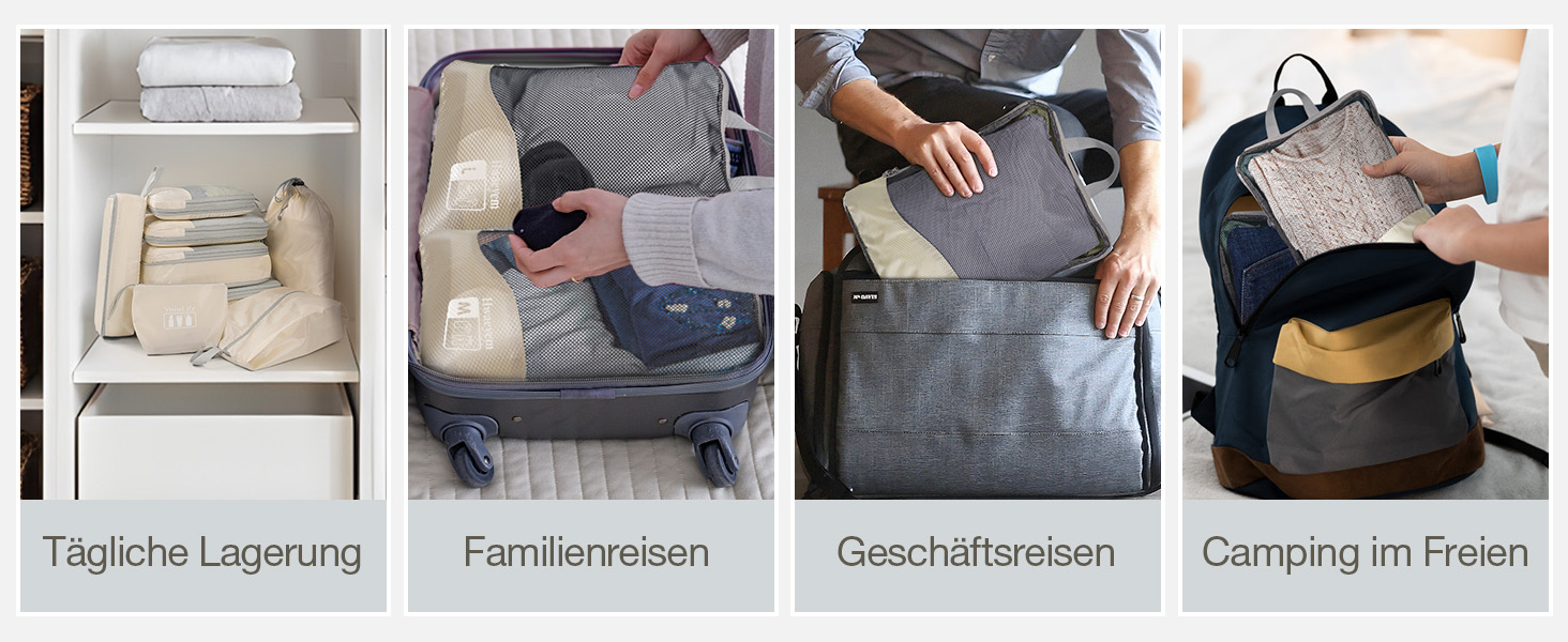 Набори для пакування валіз VnioLife (8 шт.) - Органайзери для подорожей, компресійні куби для одягу, синій та бежевий