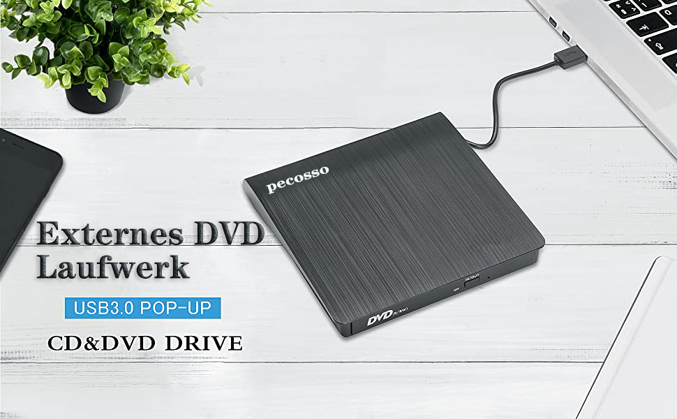 Зовнішній CD/DVD привід USB 3.0, портативний Slim RW записувач для ноутбуків та ПК (Windows, Mac OS, MacBook, iMac), чорний