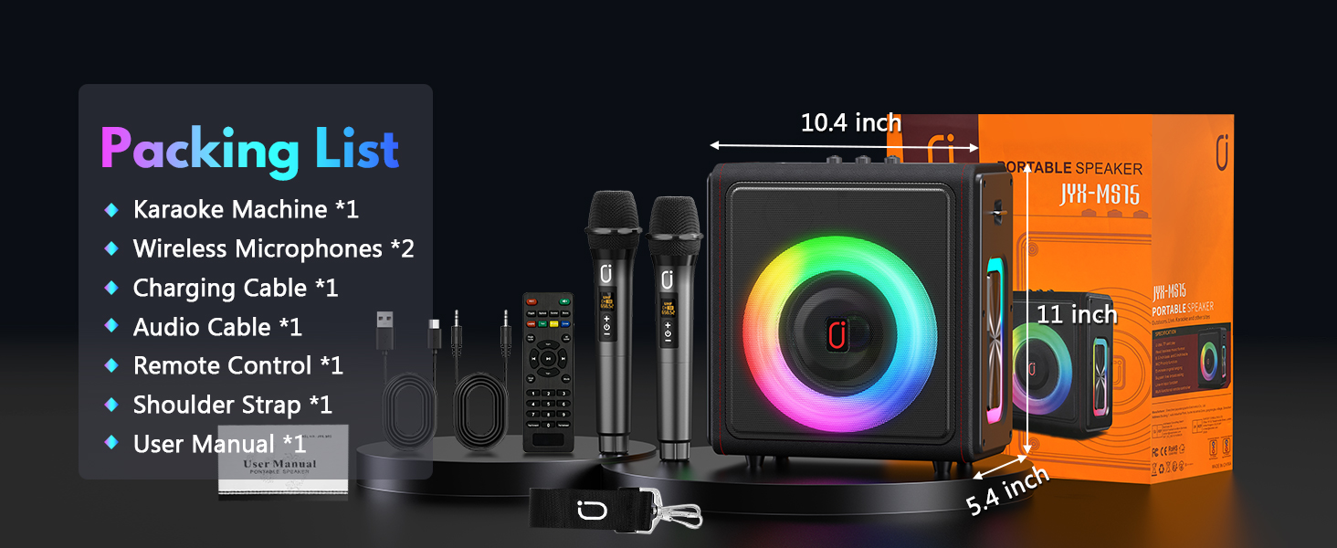 Караоке машина HWWR з 2 бездротовими мікрофонами, портативна Bluetooth 5.3 акустика з RGB-підсвіткою, PA-система для вечірок, Partybox, TWS, чорний