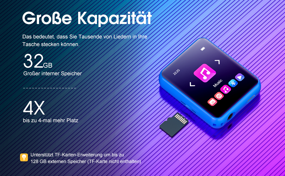 MP3 плеєр 32GB Bluetooth 5.0 з сенсорним екраном, Hi-Fi звук, металевий корпус, радіо, диктофон, підтримка до 128GB - блакитний