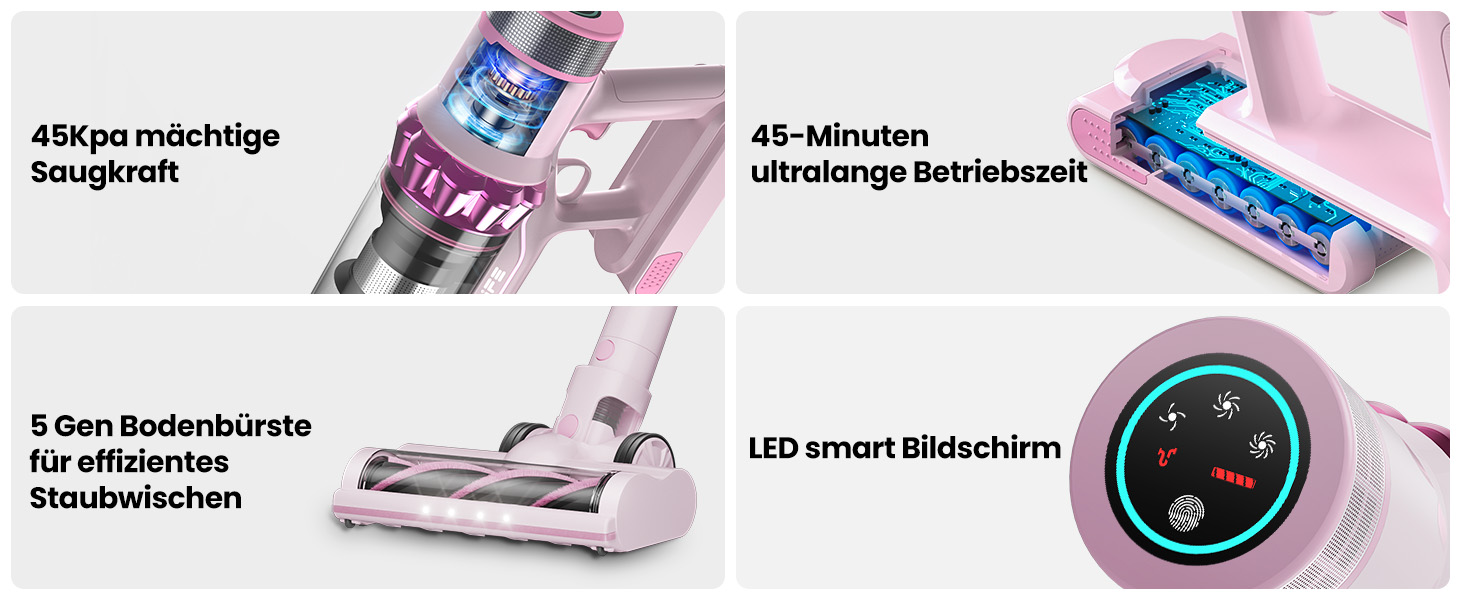 Бездротовий пилосос Belife Akku: потужний, 6-в-1, для тварин, килимів, твердих поверхонь, LED-дисплей, 45 хв роботи, 45000Pa, 550W, безщітковий мотор (рожевий)