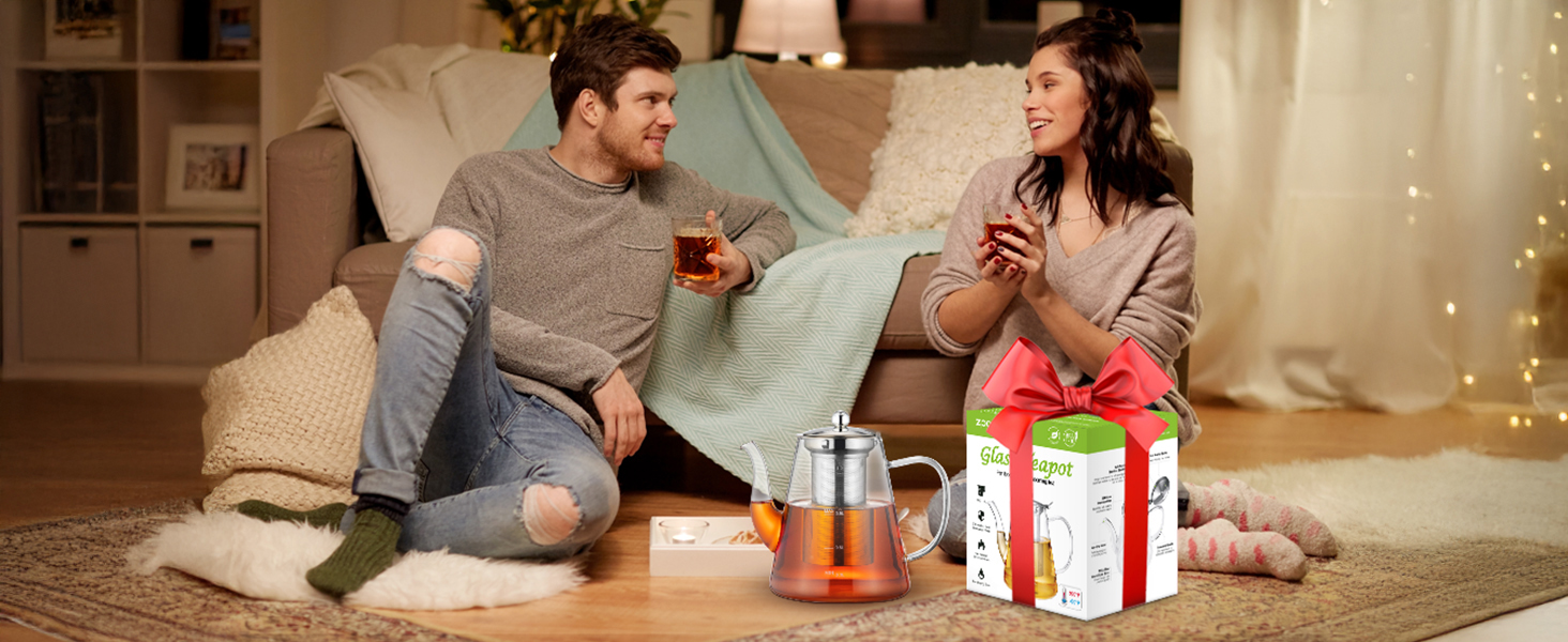 Скляний чайник із ситечком 1200 мл з боросилікатного скла з мірною шкалою для листового чаю та чайних квітів, подарунковий набір